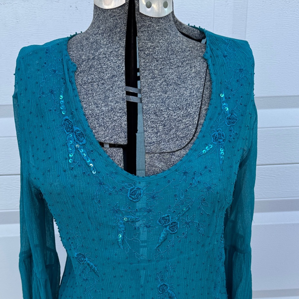Chic Teal Women's Blouse with Embroidery